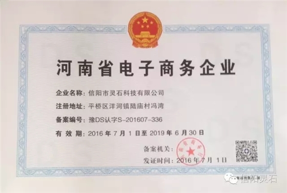 河南省商务厅为信阳市灵石科技有限公司颁发的电子商务企业证书。
